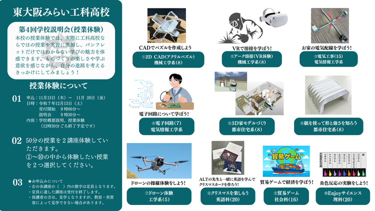 授業体験を実施して、工科高校の授業や実習に触れ、パンフレット 等では伝えきれない内容を体感してもらい、今後の進路決定の材料となるよ うにしたい。 (12).png