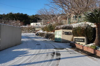 雪の積もった校門付近の写真 