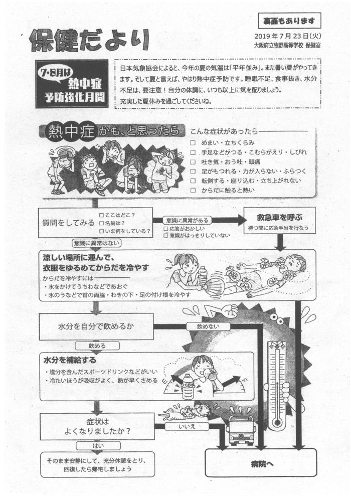 7月31 日(水)『7・8月は熱中症予防強化月間』~牧野高校「保健室だより」から~